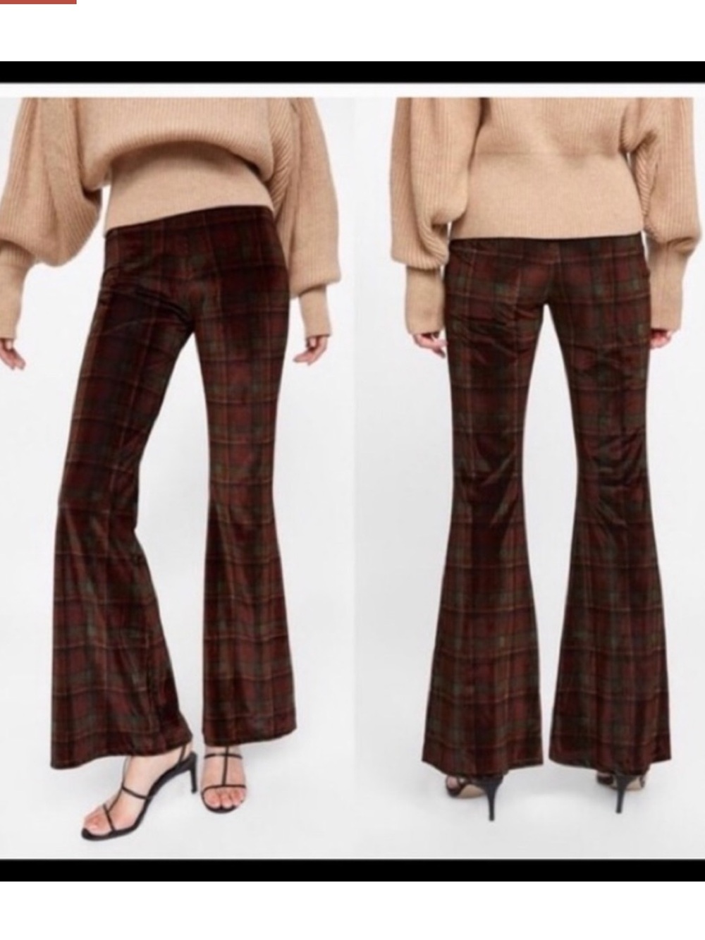 Zara velvet brown plaid flare pants size small